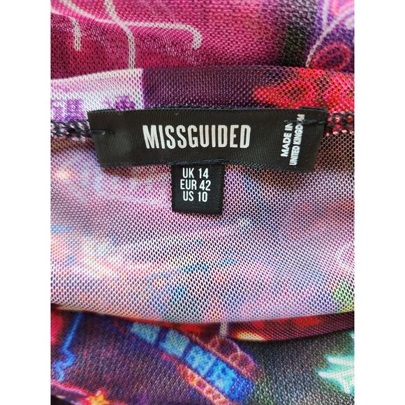 Missguided Hong Kong Scenic Nightlife Mesh Bodycon Dress 10 Gathered Tie Hem - Picture 7 of 9